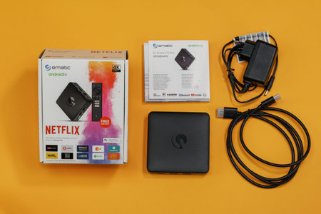 Thessaloniki, Greece - December 5 2020: Android TV box top view display. Carton package containing...