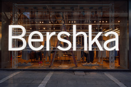 Thessaloniki, Greece - March 13 2021: Bershka retailer store exterior with logo. Spanish clothes & accessories brand owned by Inditex, trading worldwide store view with clothing at Tsimiski street.のeditorial素材