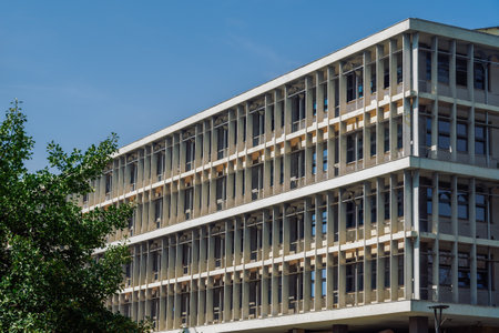 Thessaloniki, Greece Courthouse facade against blue sky. Exterior day low angle view of courts of justice building without crowd.のeditorial素材