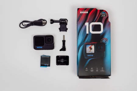Thessaloniki, Greece - September 27 2021: GoPro Hero 10 black with logo package contains.Top view of...