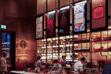Milan, Italy - November 18 2021: Starbucks Reserve Roastery interior with medusa . Inside famous...