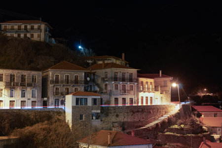 Greek village with traditional stone built houses night view in Lagadia, Arcadia Peloponnese.