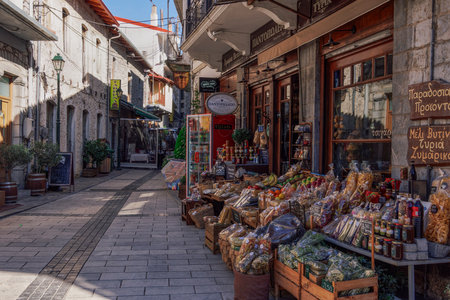 Vytina, Greece - February 25 2022: Outdoor showcase day view of local food products shop on a pedestrian area in Arcadia Peloponnese.のeditorial素材
