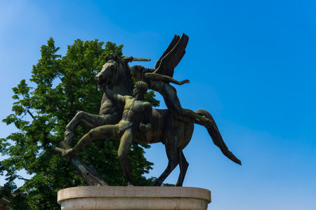 Verona, Italy - May 11 2018: Ponte della Vittoria statue. Day view of Victory bridge bronze statue on river Adige.のeditorial素材