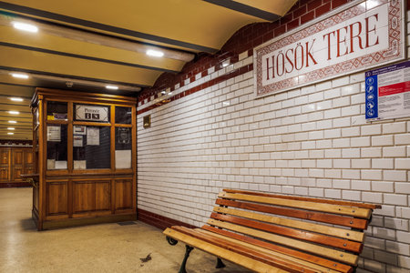 Budapest, Hungary - December 9 2019: empty Hosok Tere stop at Heroes Square, part of the first underground M1 line network of the capital, Millennium Underground Railway.のeditorial素材