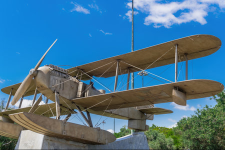 Lisbon, Portugal - July 18 2018: first aerial South Trans-Atlantic crossing flight monument by Portuguese aviators Gago Coutinho and Sacadura Cabral in 1922 with Santa Cruz biplane replica in Belem.のeditorial素材