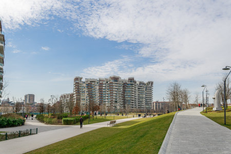 Milan, Italy February - 24 2019: day wide view of Libeskind residences by Daniel Libeskind, modern architecture buildings with asymmetrical forms at CityLife shopping district in Fiera area.のeditorial素材