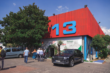 Thessaloniki, Greece - September 9 2023: Visitors outside pavilion 13 of the 87th TIF International fair, taking place from 09 to 17 September 2023. Bulgaria is the honoured country this year.のeditorial素材