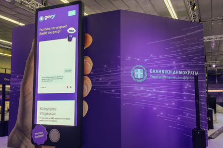 Thessaloniki, Greece - September 9 2023: Greek Government virtual aid application exhibited inside a...