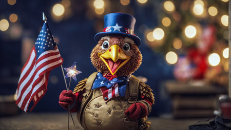 Thanksgiving concept with a turkey figure wearing a hat and holding the USA flag and a star sparkler against a bokeh background with copy space.の素材
