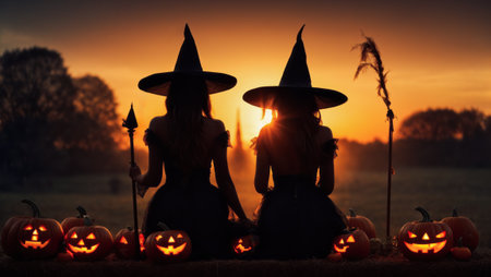 Halloween concept with the silhouettes of females dressed in black with tall hats as witches gazing at sunset on a field with lit head shaped Jack-o'-lantern pumpkins .の素材