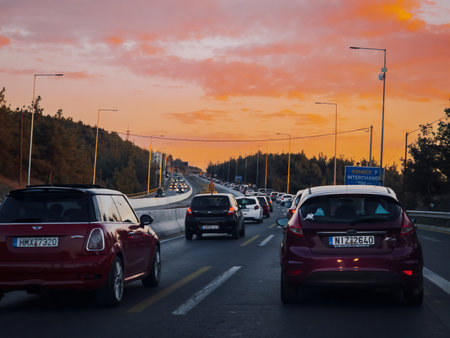 Thessaloniki, Greece - February 18 2024: Traffic jam on both directions of the highway as a result of work in progress for the fly over expansion of the ring road.のeditorial素材