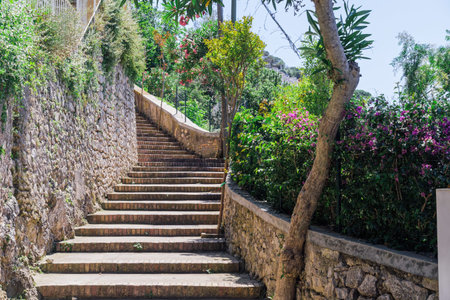 Stone steps path surrounded by vegetation, connecting Capri Town with Marina Grande at Capri Island,...