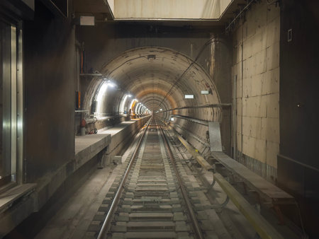Driverless metro train moves through a well-lit underground tunnel featuring concrete walls and tracks. The tunnel is straight and lined with bright lights along its length, in Thessaloniki, Greece.の写真素材