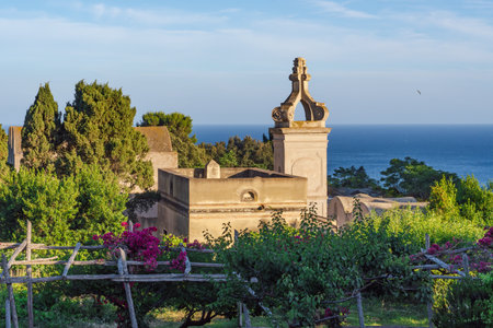 The Carthusian Charterhouse of St. James, Certosa di San Giacomo before vibrant greenery and stunning views from a garden.の写真素材