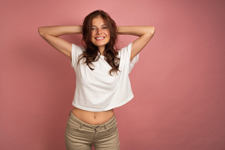 Young brunette in a white t-shirt and beige pants smiles broadly at the camera touching her head...
