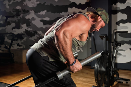 Muscular man in a sports uniform does an exercise on his shoulders, leaning forward holding vultures...