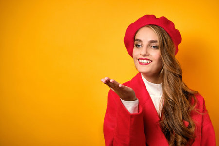 A portrait of a girl in a red coat and red lips is standing in a half-turn on a yellow background blowing a kiss.の写真素材