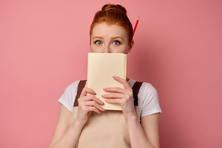 A red-haired girl in an apron with collected hair stands on a pink background, covering her mouth...