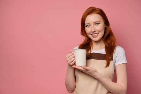 Beautiful red-haired girl in an apron stands on a pink background and smiles, holding a white mug in her hands.の写真素材
