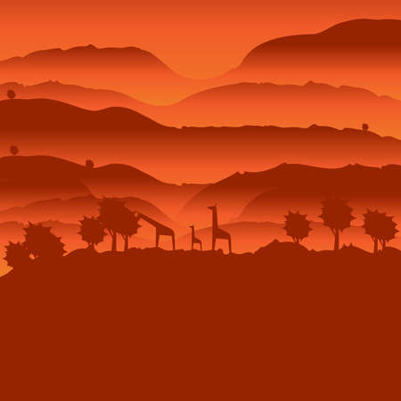 African landscape with animal silhouetteのイラスト素材