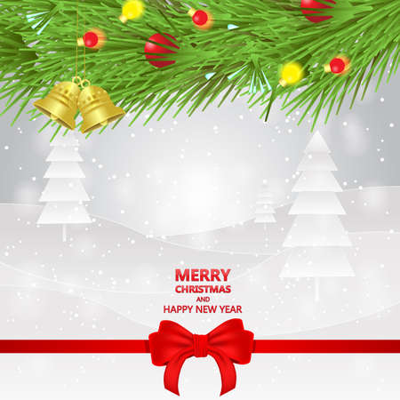 Christmas background with golden Christmas bells, fir branches, red balls, red bow and snowflakesのイラスト素材
