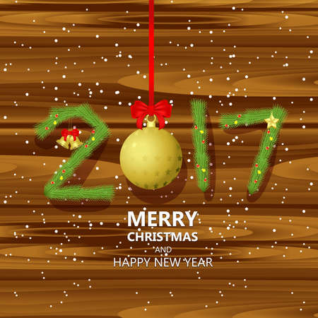 Christmas background with fir branches, red bow and snowflakes on woodenのイラスト素材