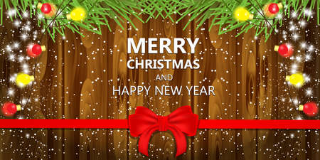 Christmas background with red bow ribbon and snowflakes bokeh on woodのイラスト素材
