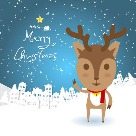 Christmas concept reindeer waving in white city and snowflakes backgroundのイラスト素材