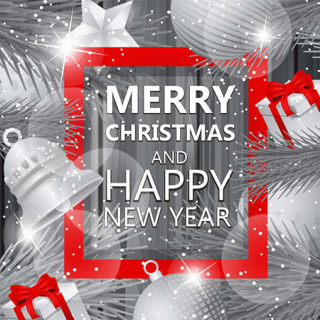 Christmas background with red bow ribbon,fir tree,balls, bell golden, gifts and snowflakes bokeh backgroundのイラスト素材