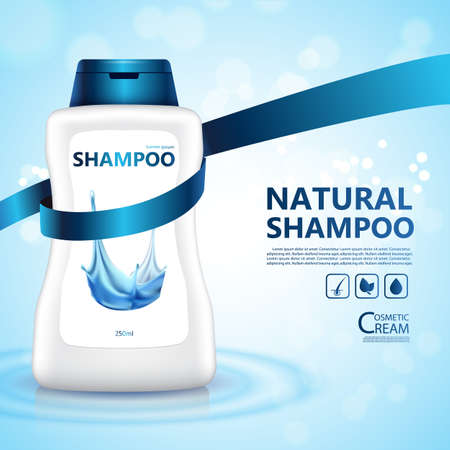 Plastic bottle with hair shampoo. Product with label design. Water and bokeh backgroundのイラスト素材