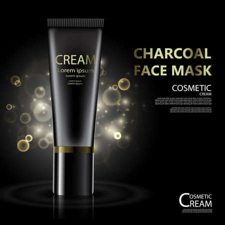 Luxury cosmetic Bottle package skin care cream, Charcoal face mask, Beauty cosmetic product poster, with bokeh backgroundのイラスト素材