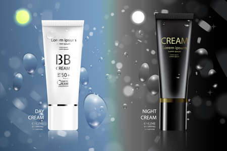 Luxury cosmetic Bottle package skin care cream, Beauty cosmetic product poster,day cream and night cream with Bokeh background.のイラスト素材