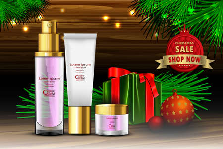 Luxury cosmetic Bottle package skin care cream, Beauty cosmetic product poster, with Bokeh and christmas backgroundのイラスト素材