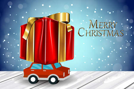 Christmas ornament and toy car with wooden and snow illustration.のイラスト素材