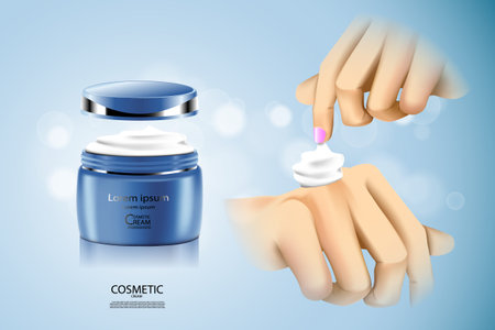 Luxury cosmetic Bottle package skin care cream, Beauty cosmetic product poster, with Bokeh and hand backgroundのイラスト素材