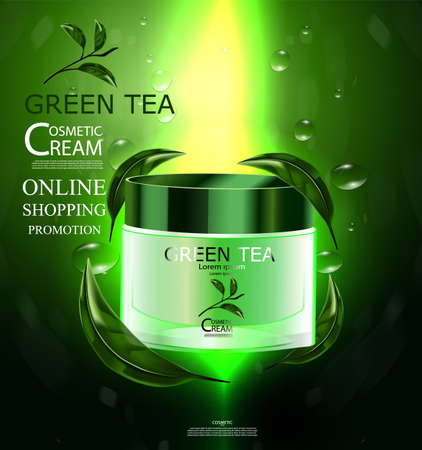 Luxury cosmetic bottle package skin care cream, green tea serum. Beauty cosmetic product poster, with bokeh and water background.のイラスト素材