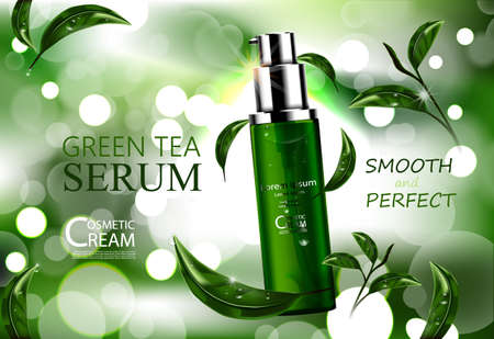 Luxury cosmetic Bottle package skin care cream, Green tea serum, Beauty cosmetic product poster, with Bokeh and Water backgroundのイラスト素材