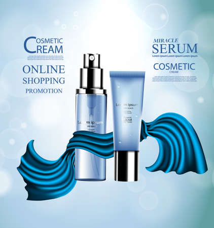 Luxury cosmetic Bottle package skin care cream, Beauty cosmetic product poster, with Blue fabric cotton and Bokeh background.のイラスト素材