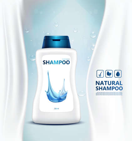 Plastic bottle with hair shampoo. Product with label design. Water and bokeh backgroundのイラスト素材