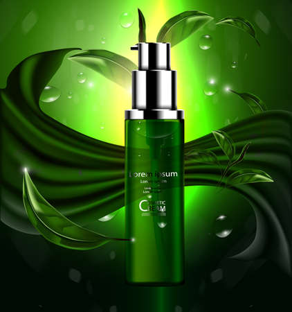 Luxury cosmetic Bottle package skin care cream, Green tea serum set, Beauty cosmetic product poster, with Bokeh and Water background.のイラスト素材