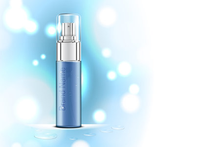 Luxury cosmetic Bottle package skin care cream, Green tea serum set, Beauty cosmetic product poster, with Bokeh and Water backgroundのイラスト素材