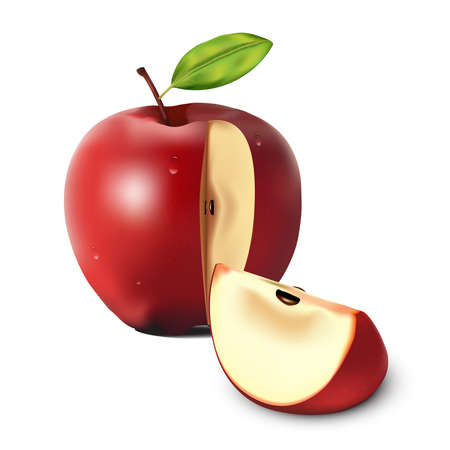 Red Apple, Apple Slice and Green Leaves with white isolated background, Vector Illustrationのイラスト素材