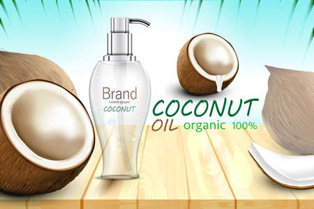 Luxury cosmetic Bottle package skin care cream, Beauty cosmetic product poster, with Coconuts on Wooden and beach backgroundのイラスト素材