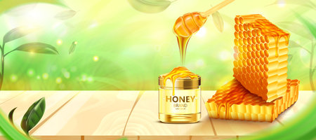 Honeycomb and Bottle honey on wooden floor with leaves and forest background