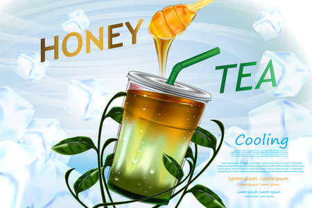 Honey and Tea in Cup on tea leaves in ice cubes backgroundのイラスト素材