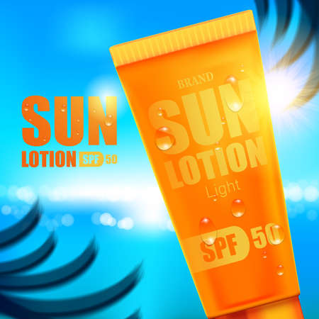 Luxury cosmetic Bottle package skin care cream, Sun screen bottle UV block, Beauty cosmetic product poster, with bokeh beach backgroundのイラスト素材