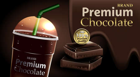 Chocolate in a clear plastic cup and green straw with chocolate and  dark brown colorのイラスト素材