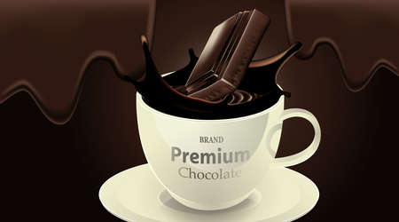 Delicious dark chocolate drink in a cup and splash chocolate on brown color background, luxury Dessertのイラスト素材