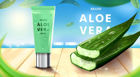 Luxury cosmetic Bottle package skin care cream, Beauty cosmetic product poster, with Aloe vera and wooden floor on beach backgroundのイラスト素材